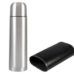 Termo de Acero Inoxidable de 1/2 Litro, con funda de PU negro (removible).


